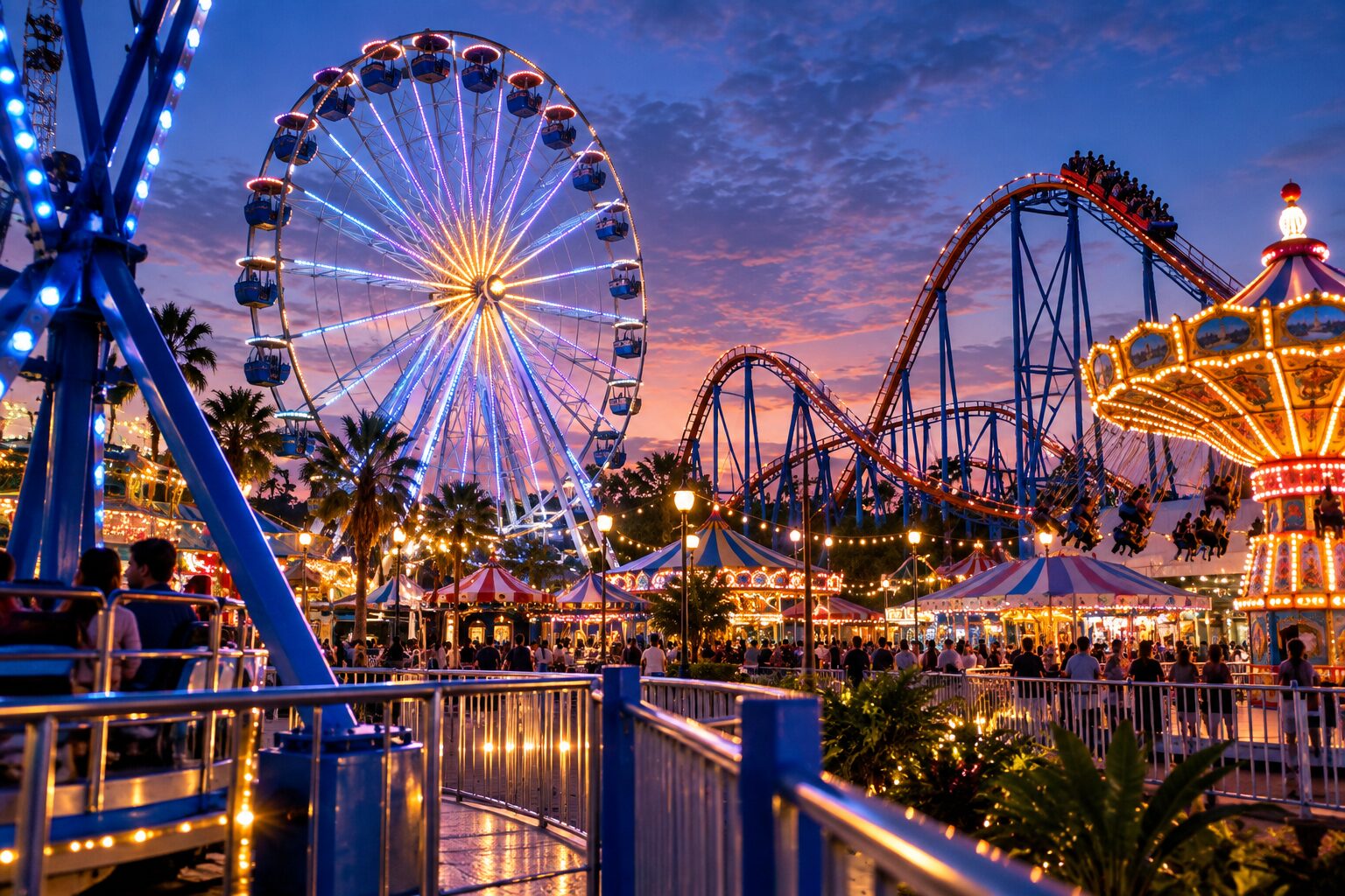 An Australian theme park lit up at dusk with a giant Ferris wheel and a roller coaster against a sunset sky